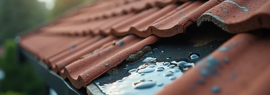 Vue rapprochée d'une toiture avec un point d'infiltration d'eau et un isolant visible endommagé