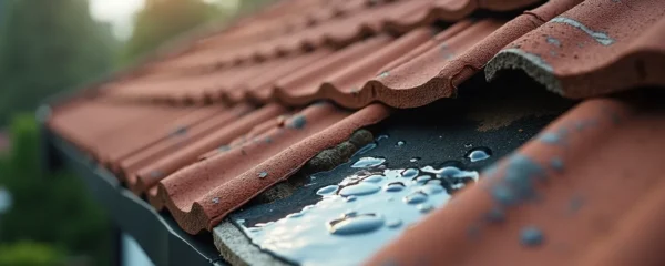 Vue rapprochée d'une toiture avec un point d'infiltration d'eau et un isolant visible endommagé