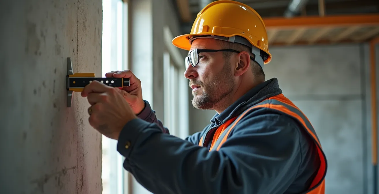 Artisan spécialiste analysant l'état d'un support mural