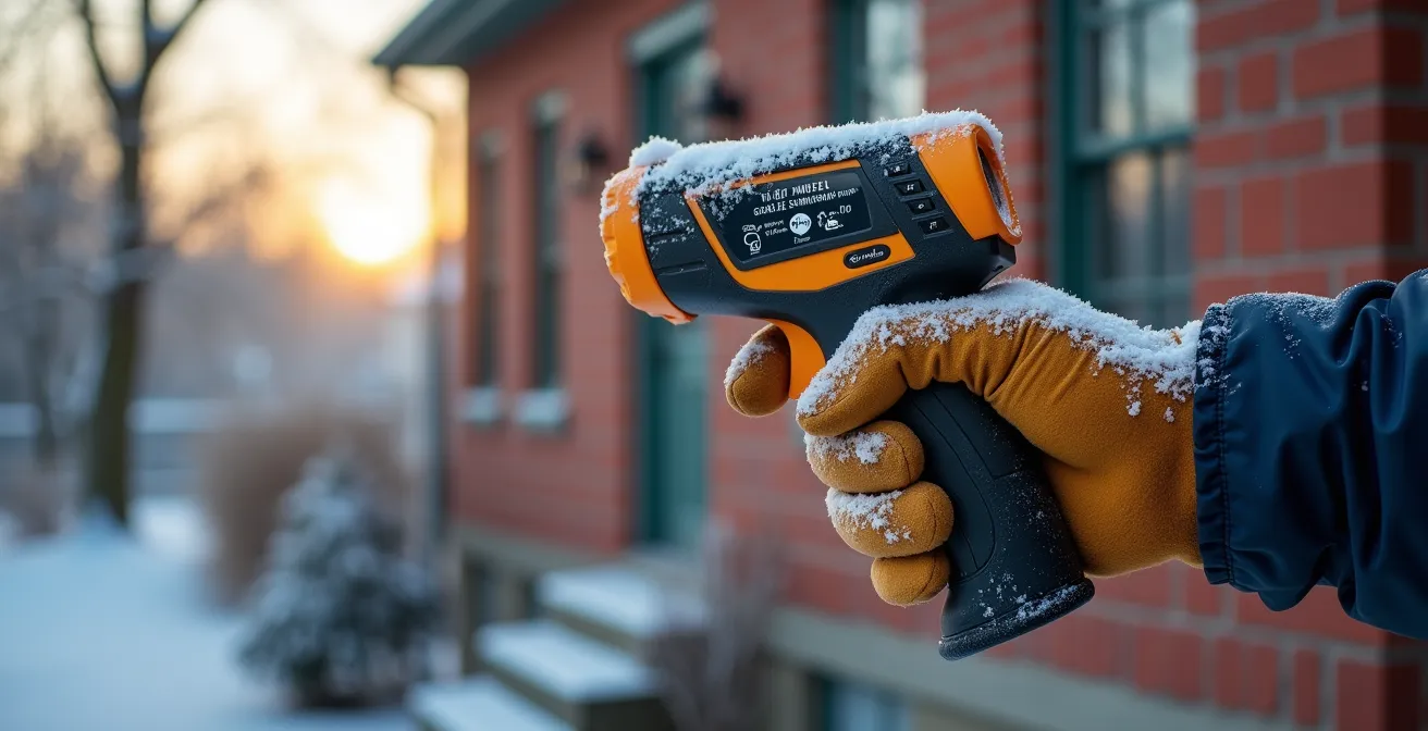 Main professionnelle tenant un appareil de mesure thermique devant une maison