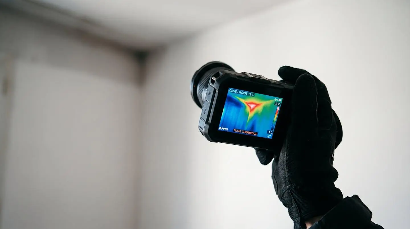 Gros plan d'une main gantée tenant une caméra thermographique pointée vers un angle de mur, l'écran affichant un gradient thermique bleu-rouge révélant un pont thermique