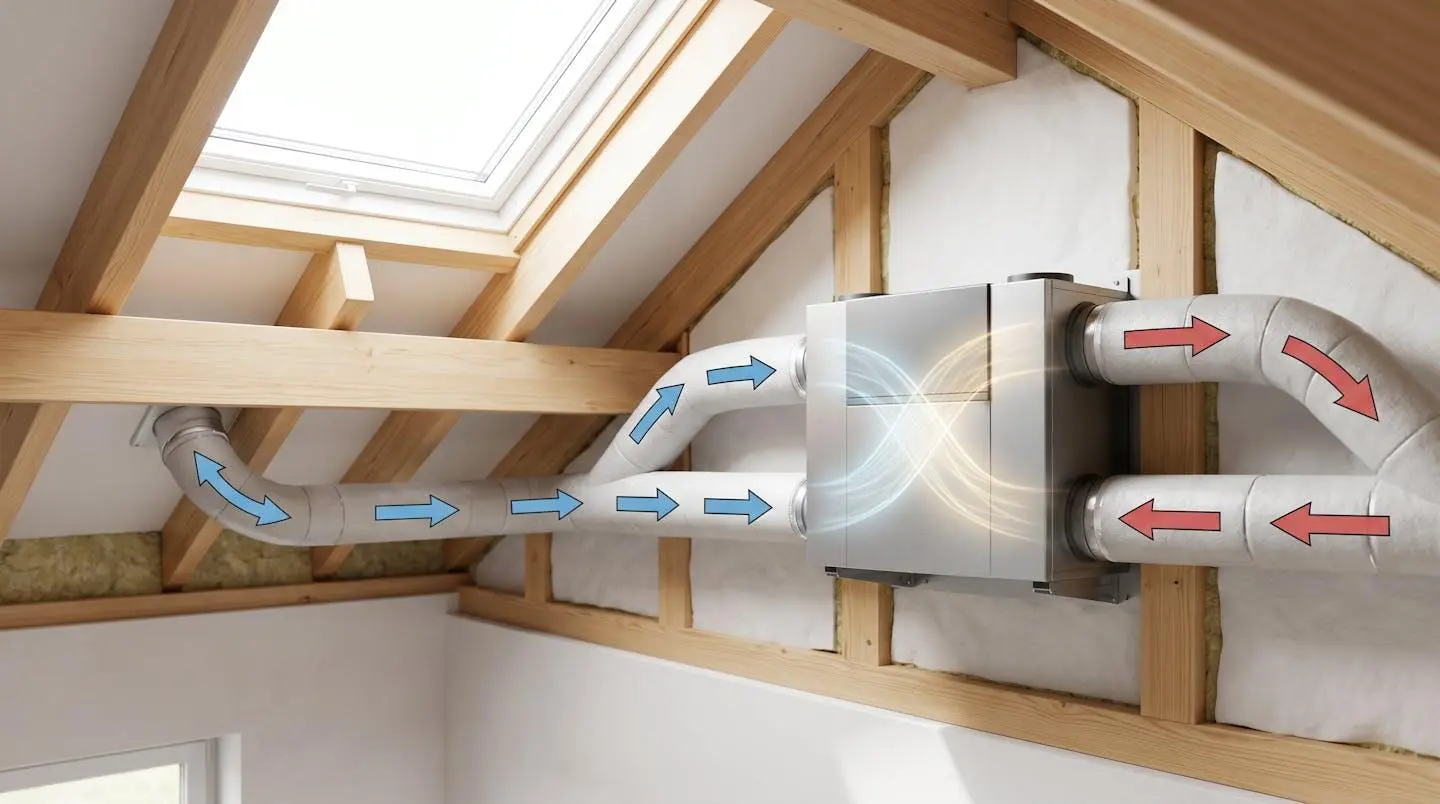 Illustration 3D en éclaté d'une section de mur montrant quatre couches superposées : structure bois, isolant laine minérale jaune, pare-vapeur bleu translucide et parement intérieur blanc, avec étiquettes françaises