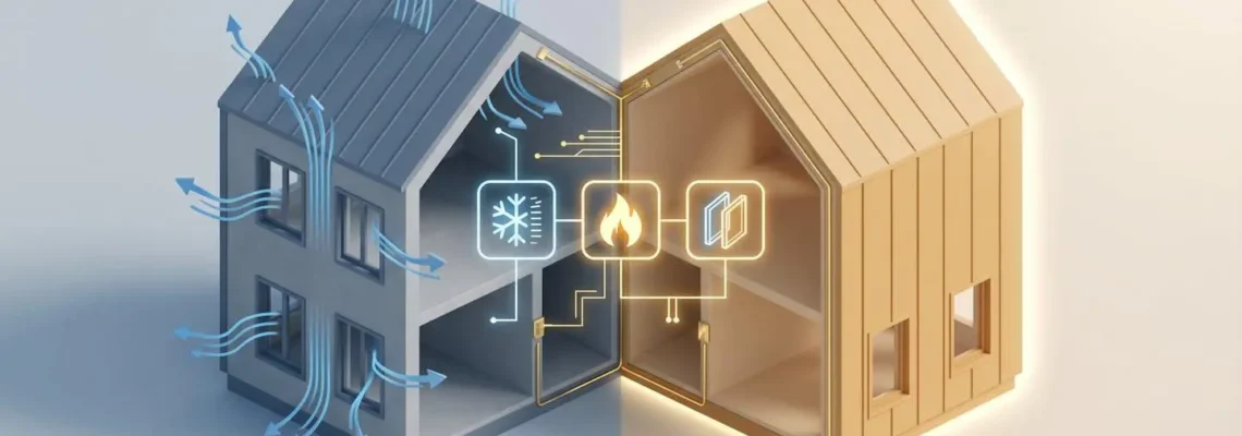 Illustration isométrique 3D d'une maison en coupe montrant deux sections contrastées : gauche dégradée avec fuites thermiques bleues, droite performante avec enveloppe dorée étanche, reliées par des icônes de travaux de rénovation énergétique