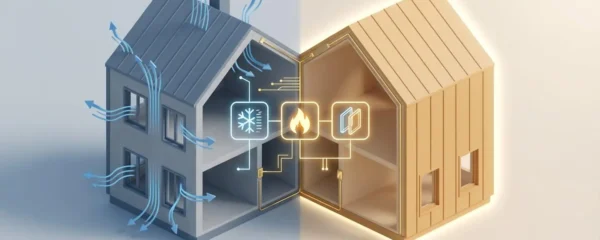 Illustration isométrique 3D d'une maison en coupe montrant deux sections contrastées : gauche dégradée avec fuites thermiques bleues, droite performante avec enveloppe dorée étanche, reliées par des icônes de travaux de rénovation énergétique