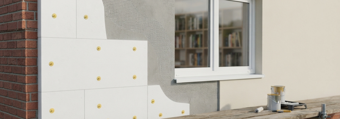 Artisan RGE posant un panneau isolant en polystyrène expansé blanc sur la façade crépie d'une maison individuelle lors d'un chantier d'isolation thermique par l'extérieur, échafaudage métallique en arrière-plan
