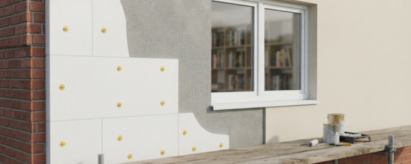 Artisan RGE posant un panneau isolant en polystyrène expansé blanc sur la façade crépie d'une maison individuelle lors d'un chantier d'isolation thermique par l'extérieur, échafaudage métallique en arrière-plan