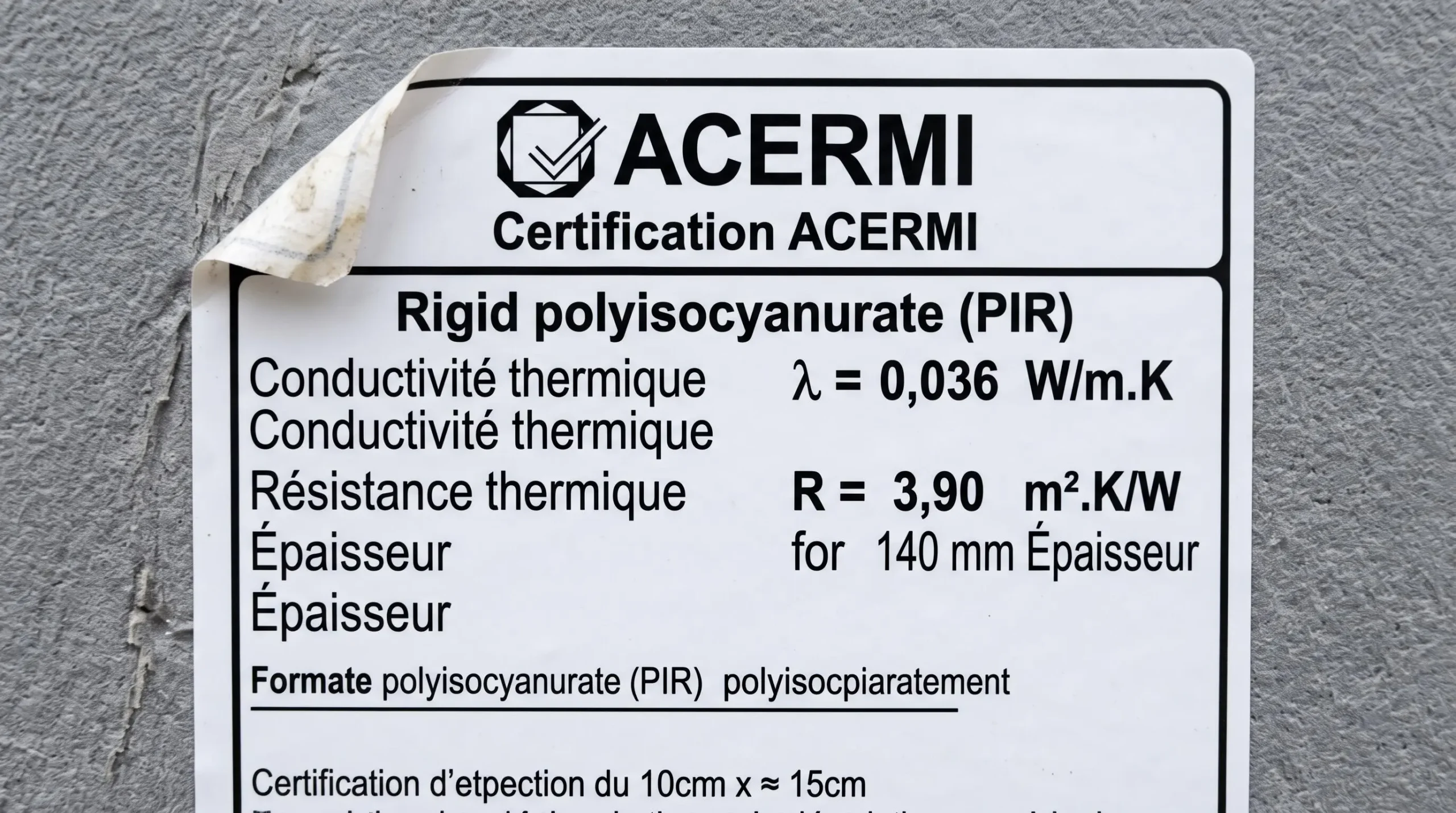 Étiquette de certification ACERMI blanche apposée sur un panneau isolant gris, affichant les performances thermiques certifiées : conductivité lambda 0,036 W/m.K et résistance thermique R de 3,90 m².K/W