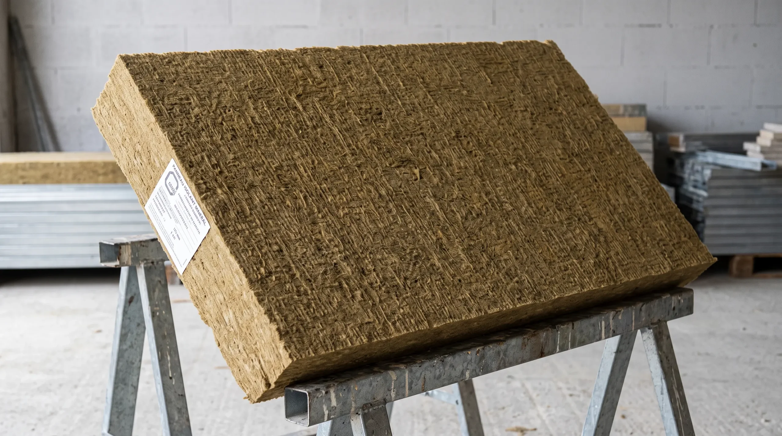 Panneau de laine de roche haute densité pour isolation thermique par l'extérieur, texture fibreuse minérale ocre-brun visible, épaisseur 14 cm, étiquette de certification ACERMI sur la tranche