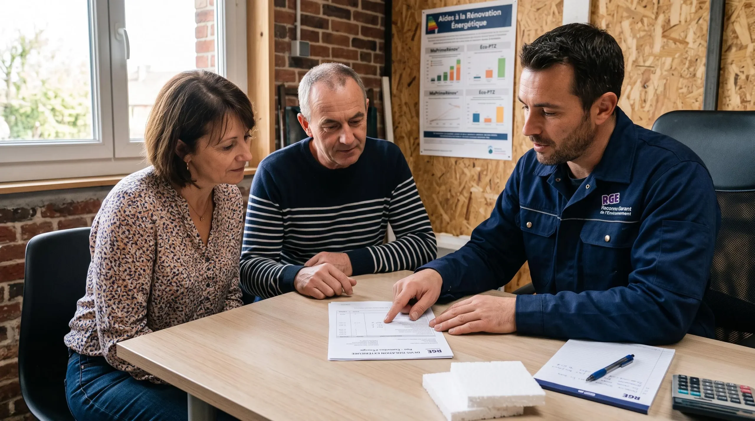 Professionnel RGE en veste de travail bleue présentant un devis d'isolation extérieure et le dossier d'aides financières à un couple de propriétaires assis à une table de bureau, échantillons d'isolants et documents visibles